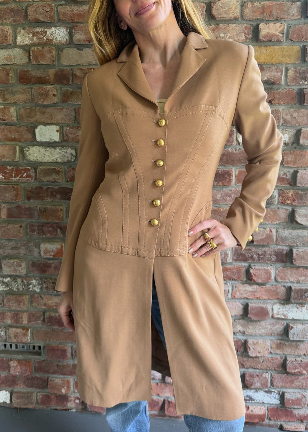 1990s Camel Corset Jacket with Coat Gold Buttons