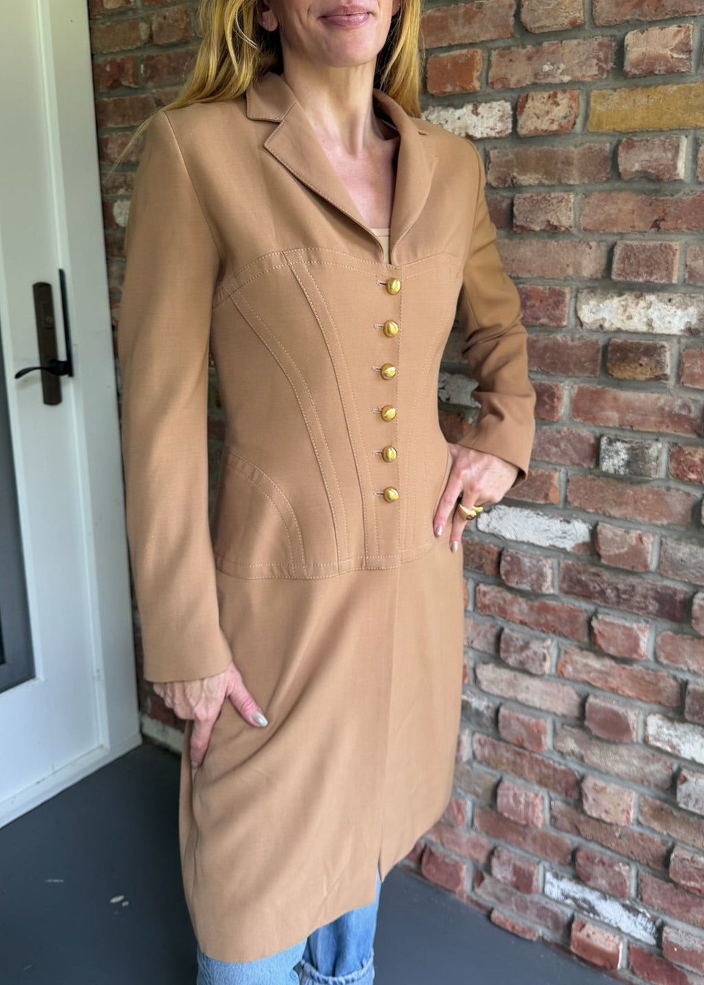 1990s Camel Corset Jacket with Coat Gold Buttons