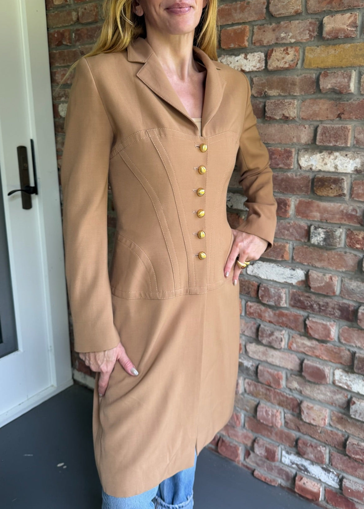 1990s Camel Corset Jacket with Coat Gold Buttons