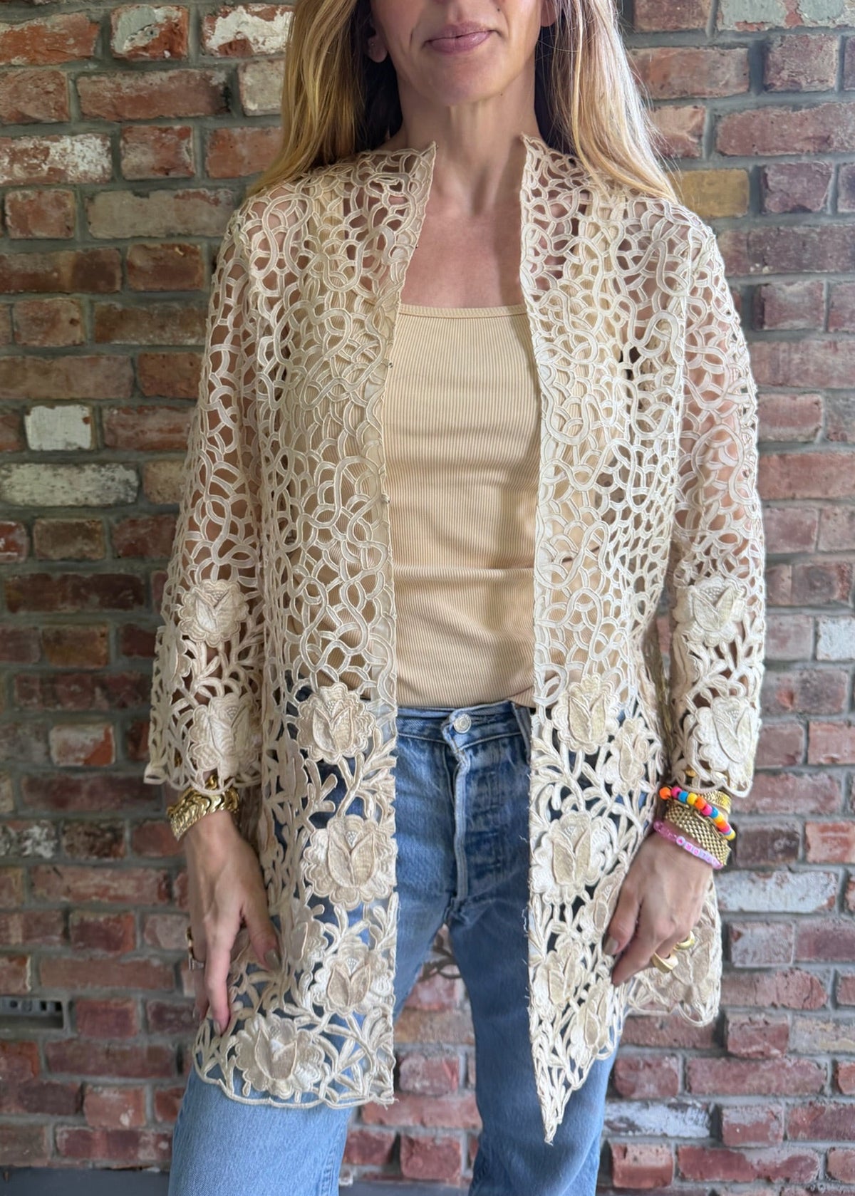 1990s Blush Floral Guipure Lace Duster Jacket