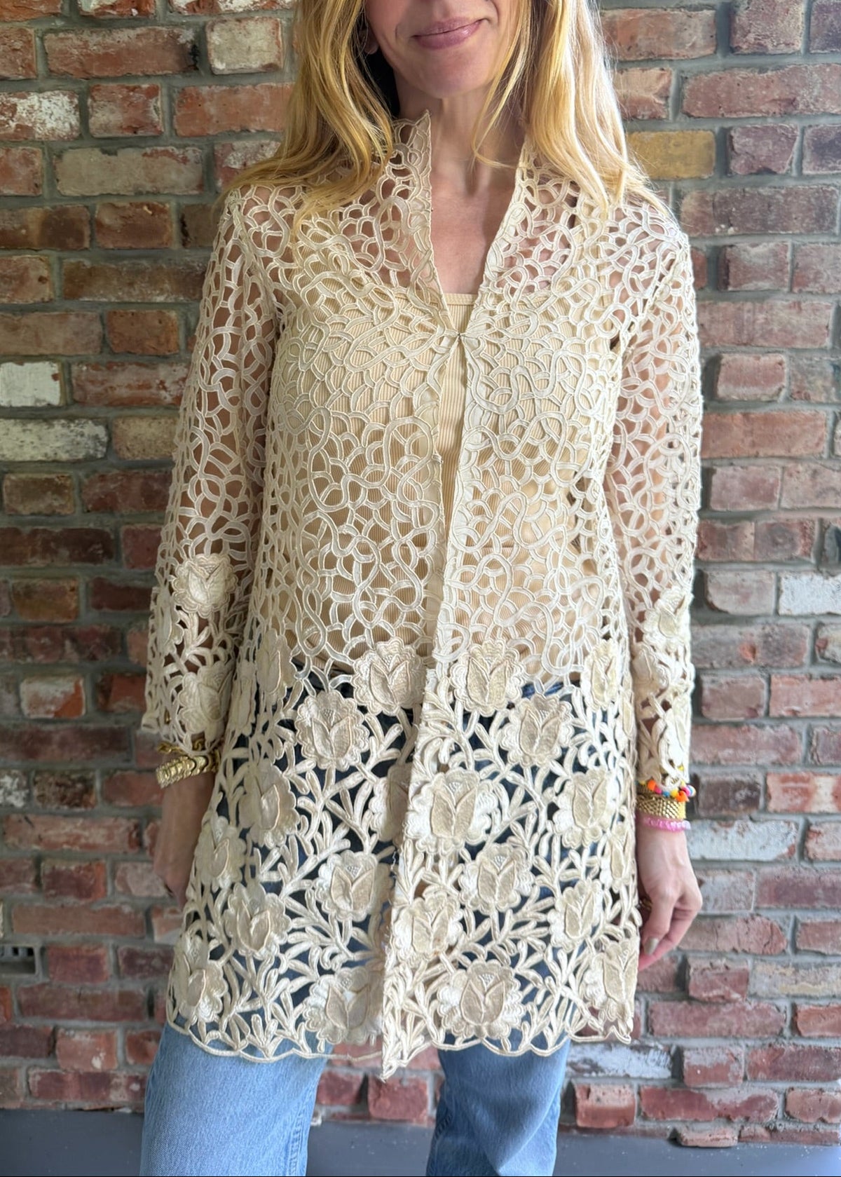 1990s Blush Floral Guipure Lace Duster Jacket