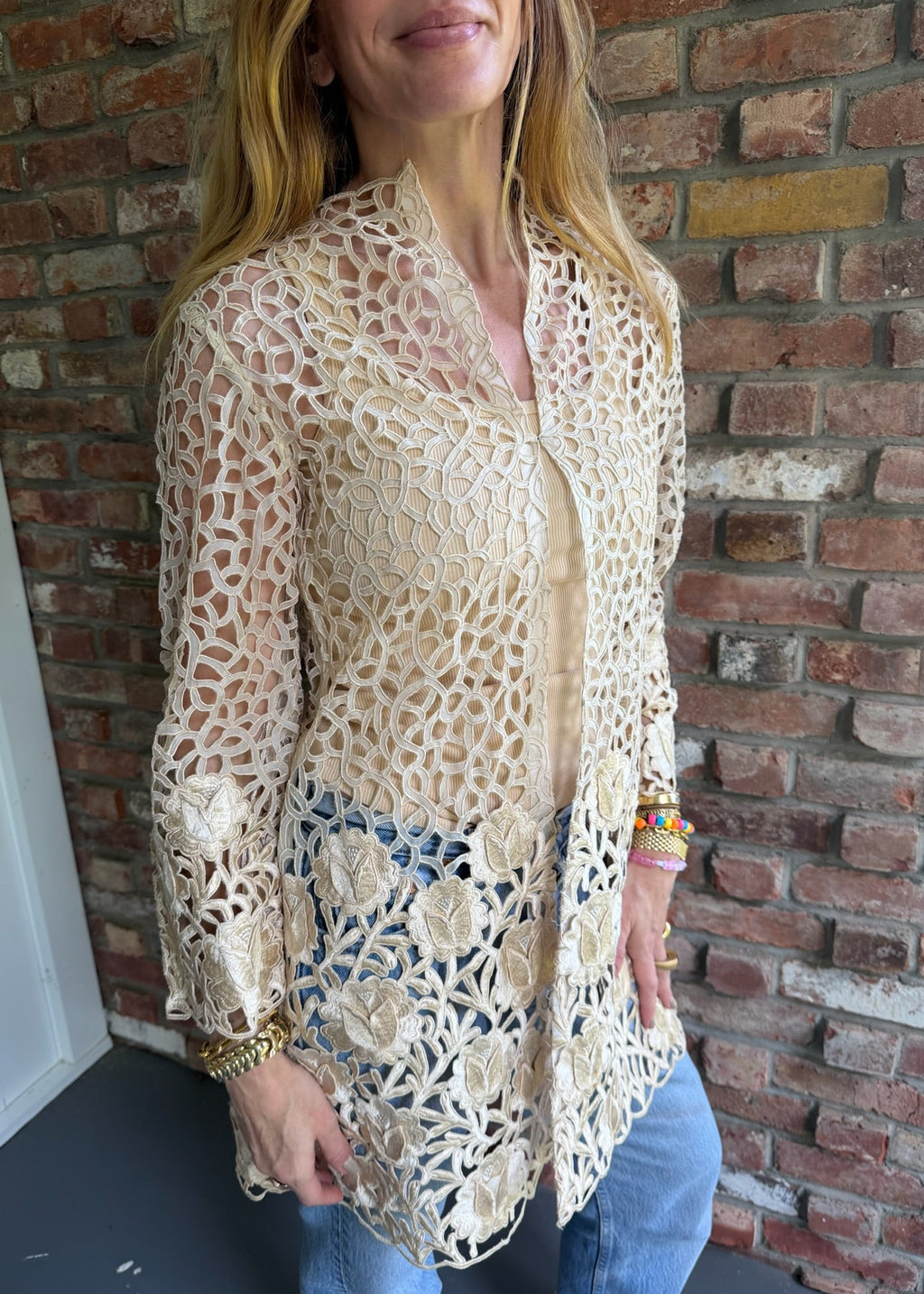 1990s Blush Floral Guipure Lace Duster Jacket