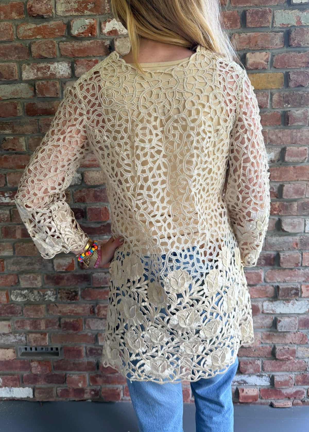 1990s Blush Floral Guipure Lace Duster Jacket