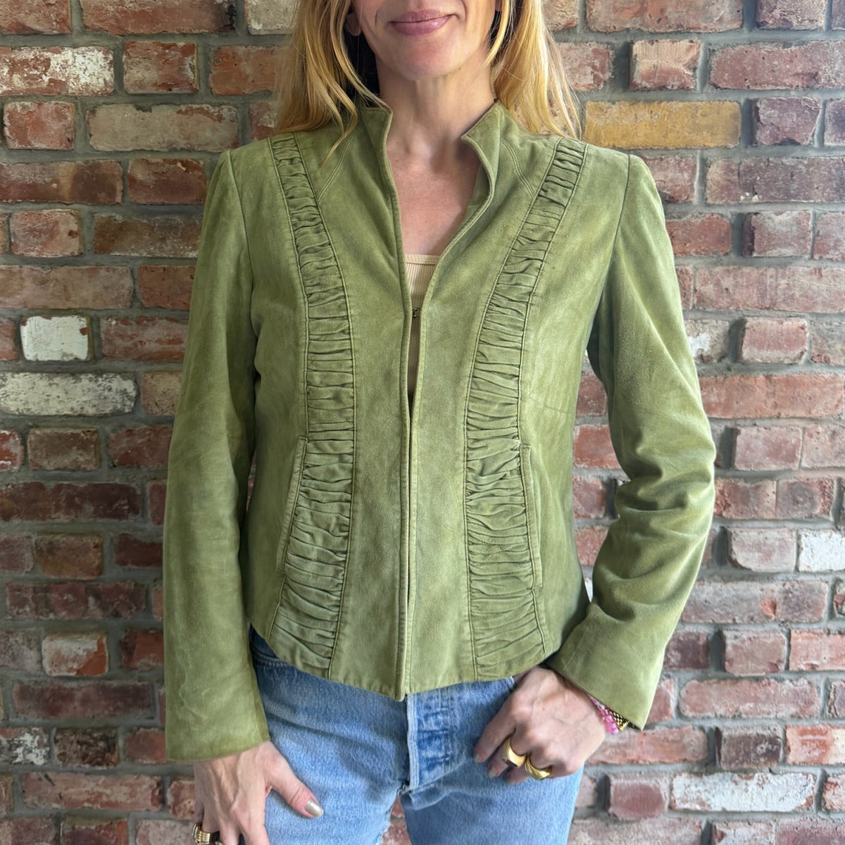 1980s - 1990s Green Suede Ruched Jacket