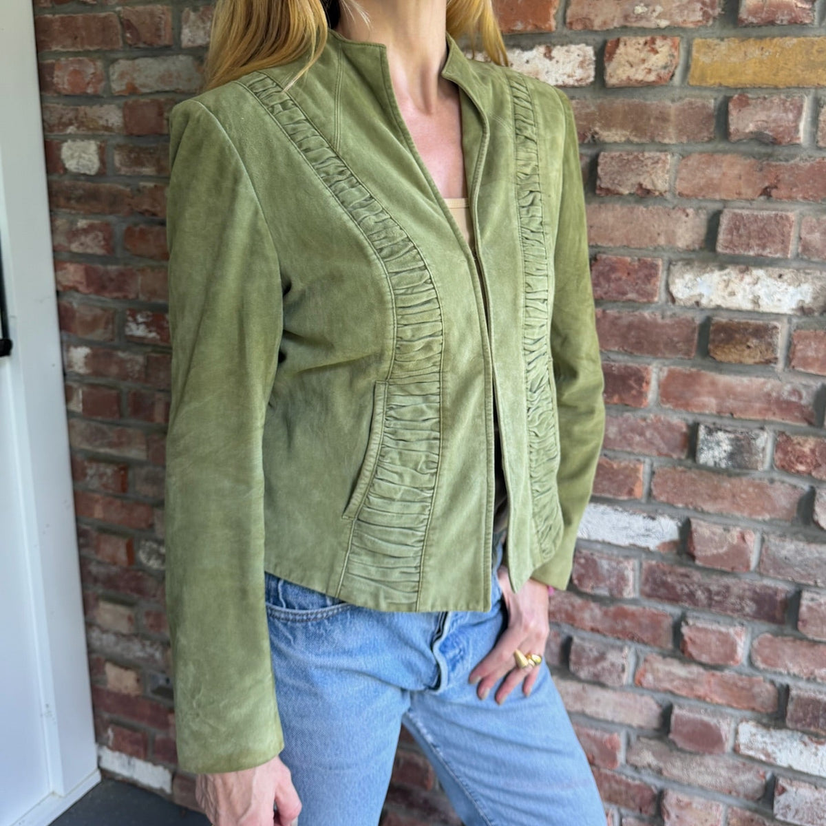 1980s - 1990s Green Suede Ruched Jacket