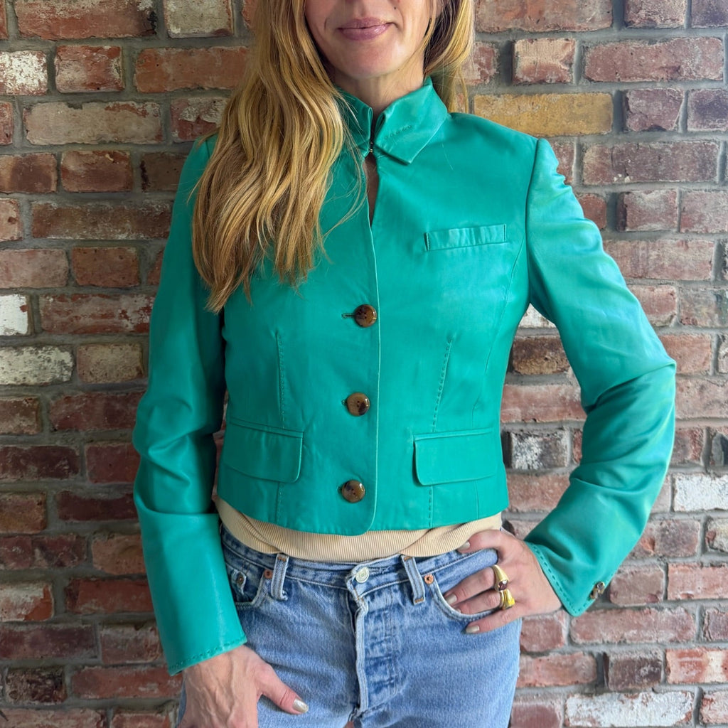 1990s - 2000s Turquoise Leather Cropped Jacket