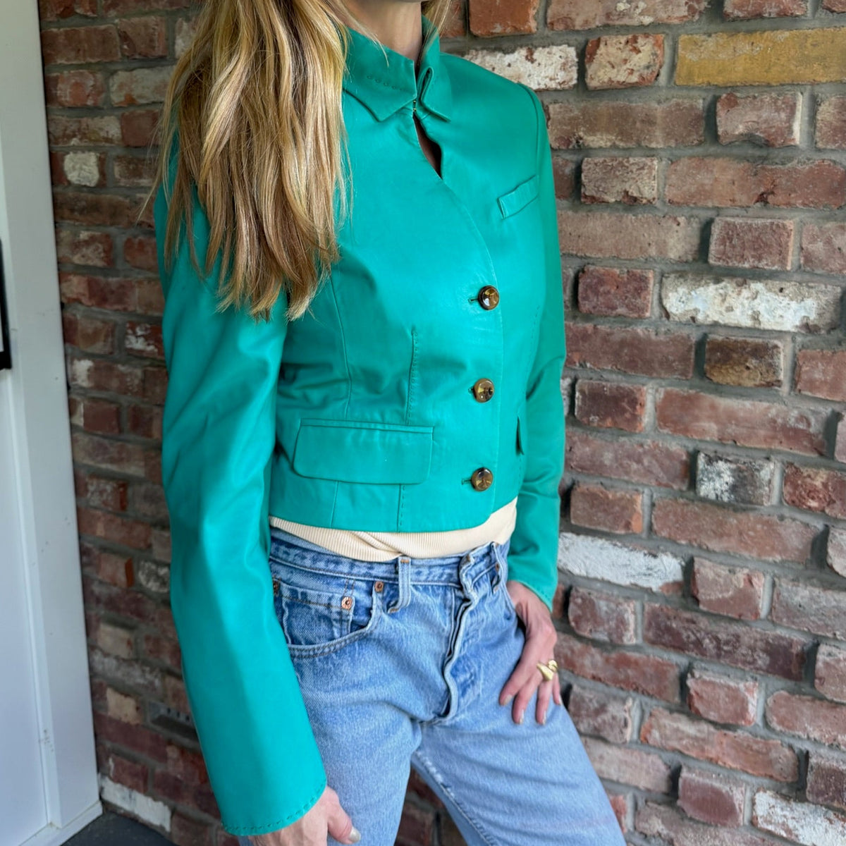1990s - 2000s Turquoise Leather Cropped Jacket