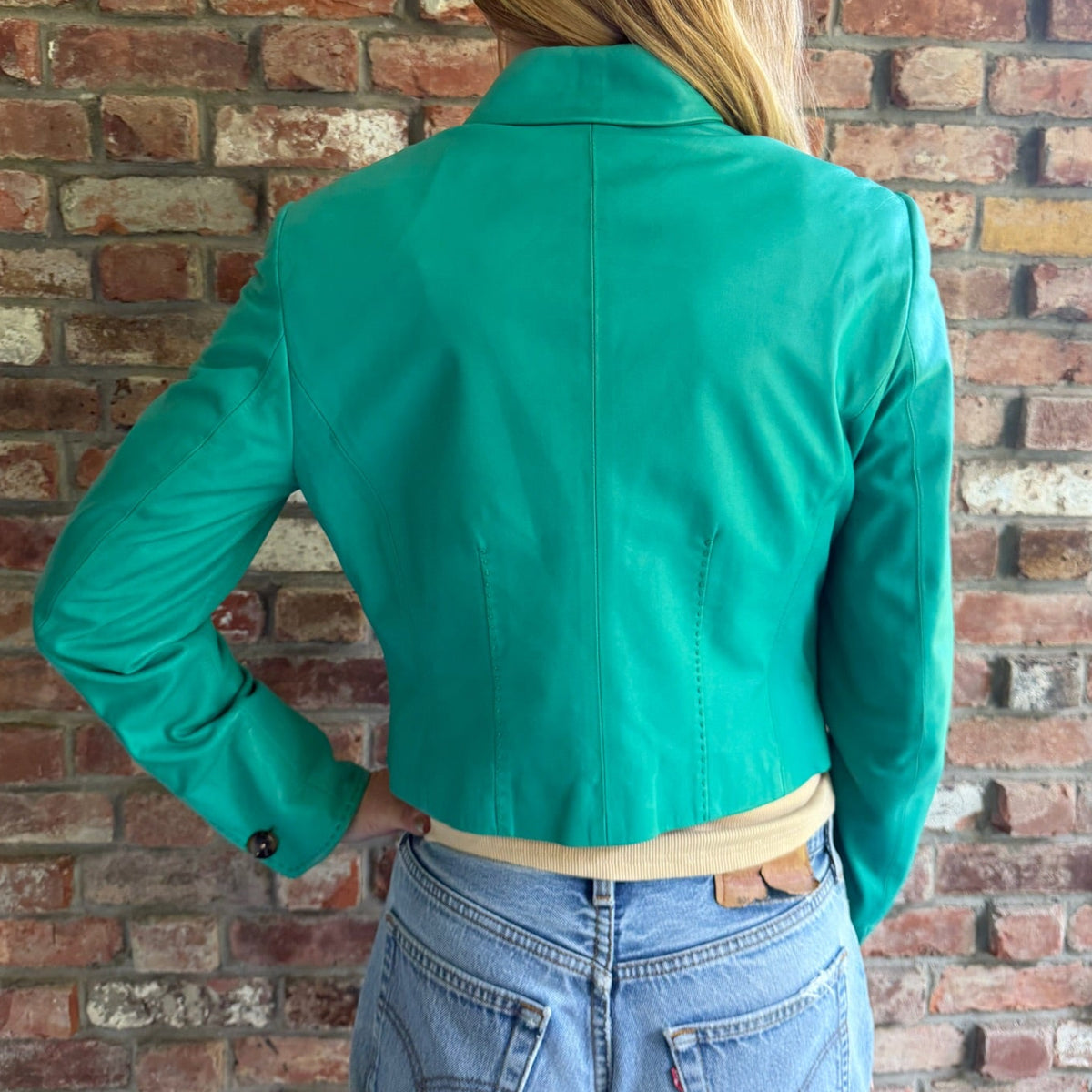 1990s - 2000s Turquoise Leather Cropped Jacket