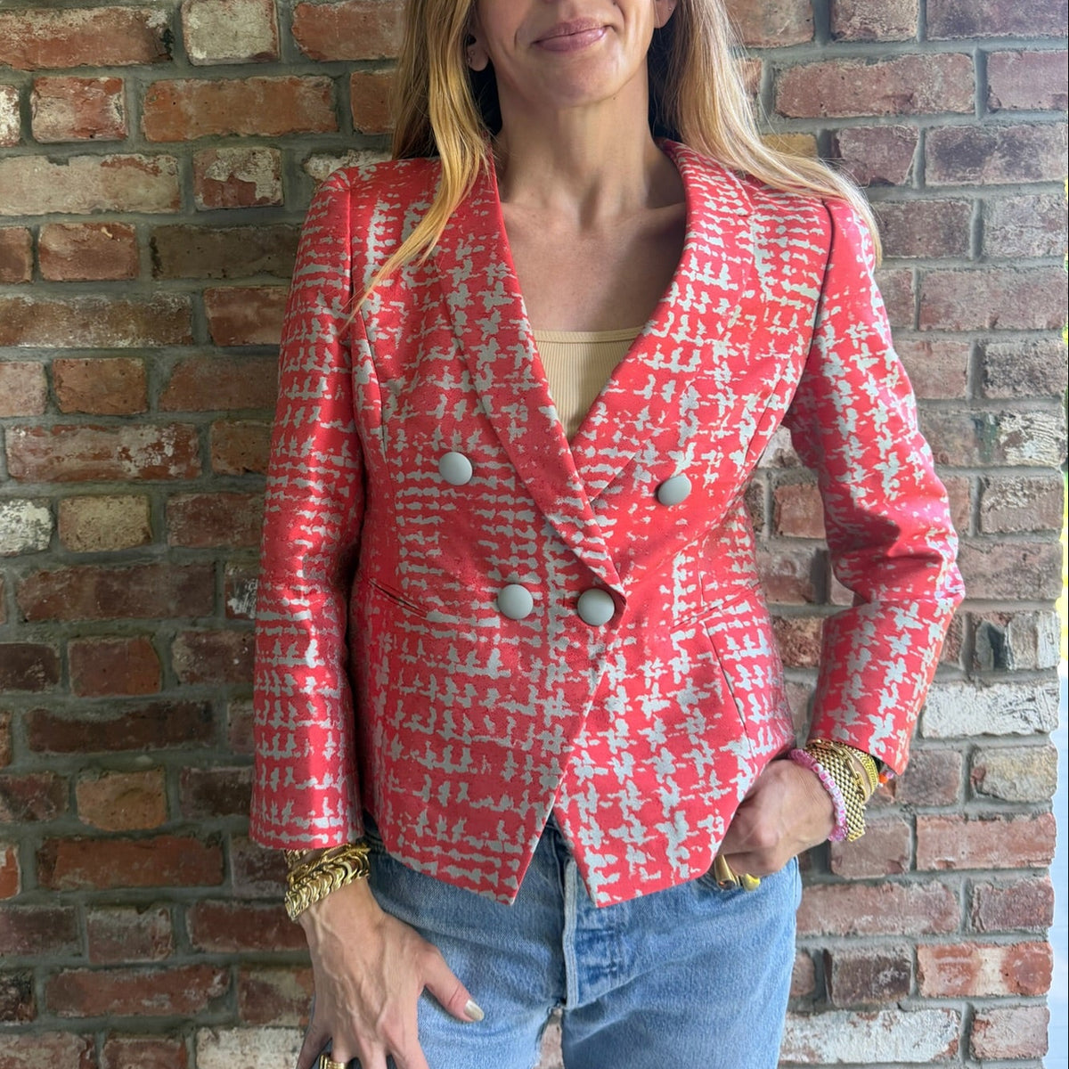 2000s Armani Collezioni Coral Silver Jacquard Double Breasted Blazer