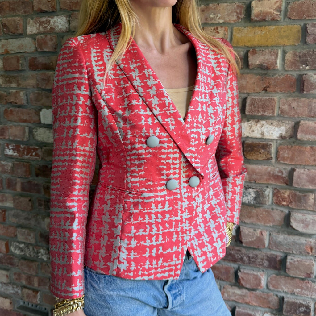 2000s Armani Collezioni Coral Silver Jacquard Double Breasted Blazer