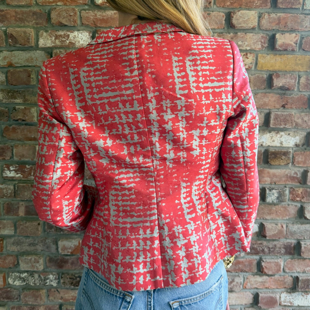 2000s Armani Collezioni Coral Silver Jacquard Double Breasted Blazer