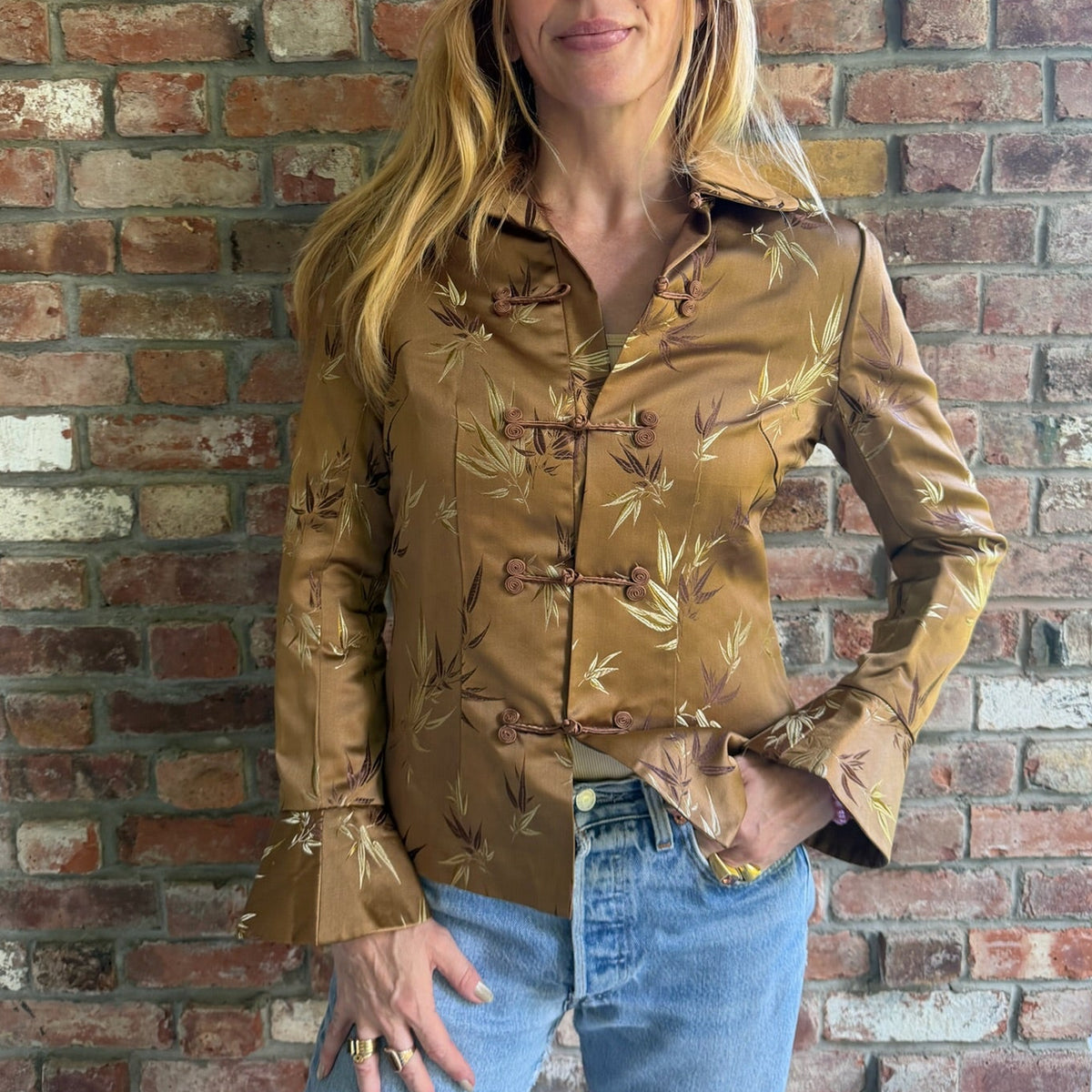 1990s Dragon Silk 100% Silk Embroidered Bamboo Frog Closure Jacket