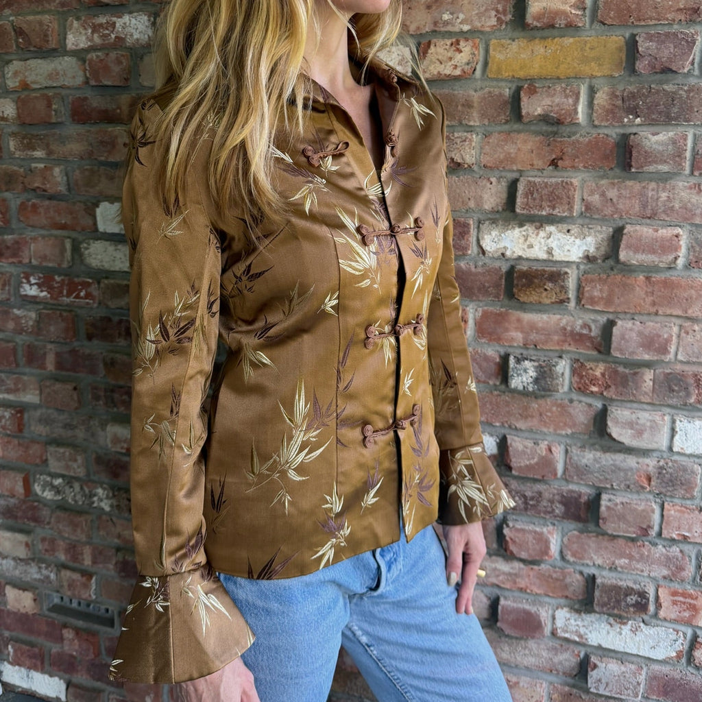 1990s Dragon Silk 100% Silk Embroidered Bamboo Frog Closure Jacket