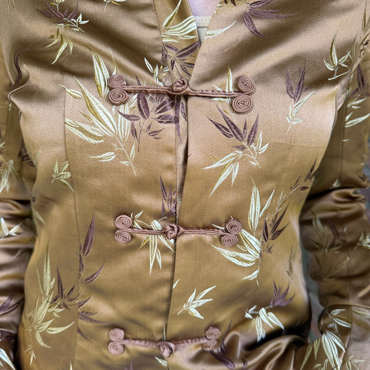 1990s Dragon Silk 100% Silk Embroidered Bamboo Frog Closure Jacket