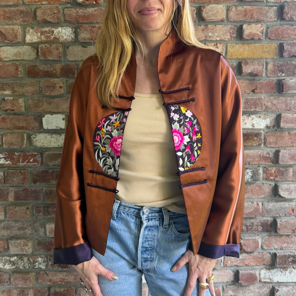 2000s Copper Satin Embroidered Mandarin Collar Jacket