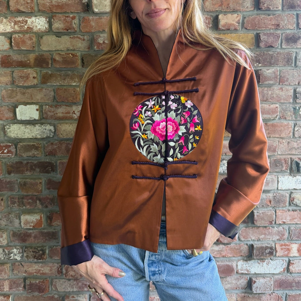 2000s Copper Satin Embroidered Mandarin Collar Jacket