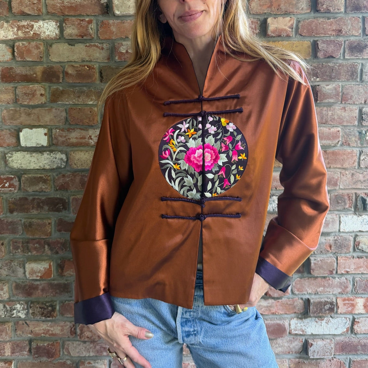 2000s Copper Satin Embroidered Mandarin Collar Jacket