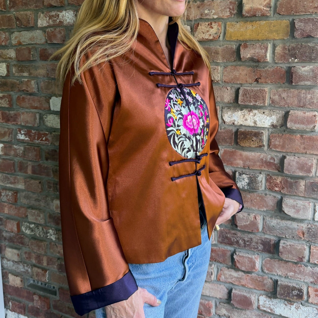 2000s Copper Satin Embroidered Mandarin Collar Jacket