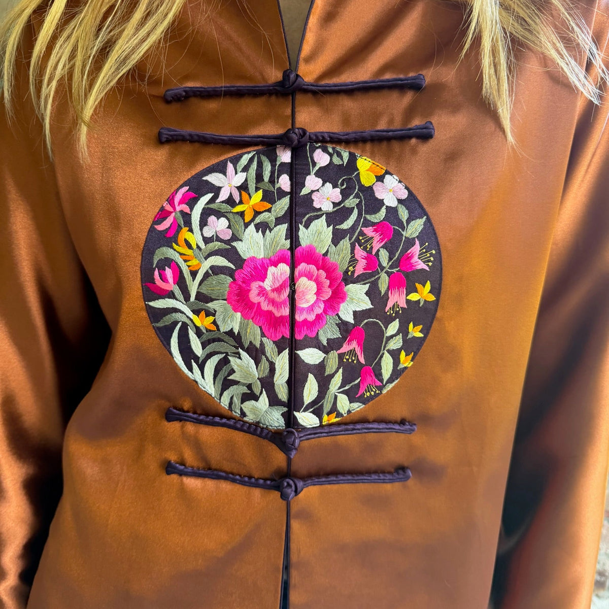 2000s Copper Satin Embroidered Mandarin Collar Jacket