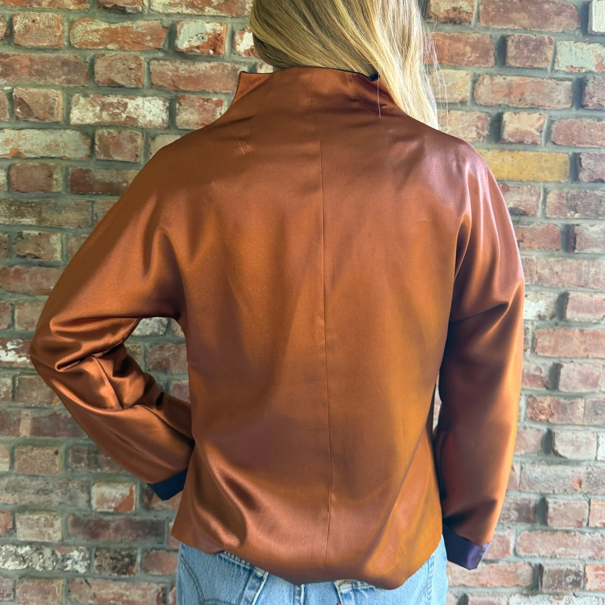 2000s Copper Satin Embroidered Mandarin Collar Jacket