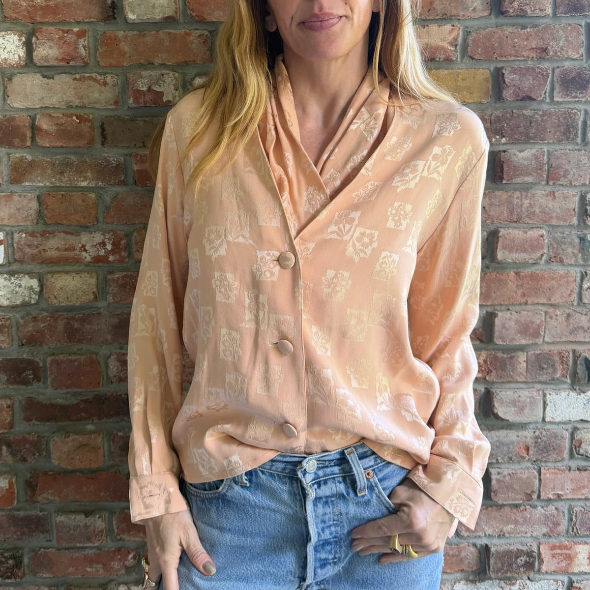 1980s - 1990s Christian Dior Peach Floral Jacquard Blouse