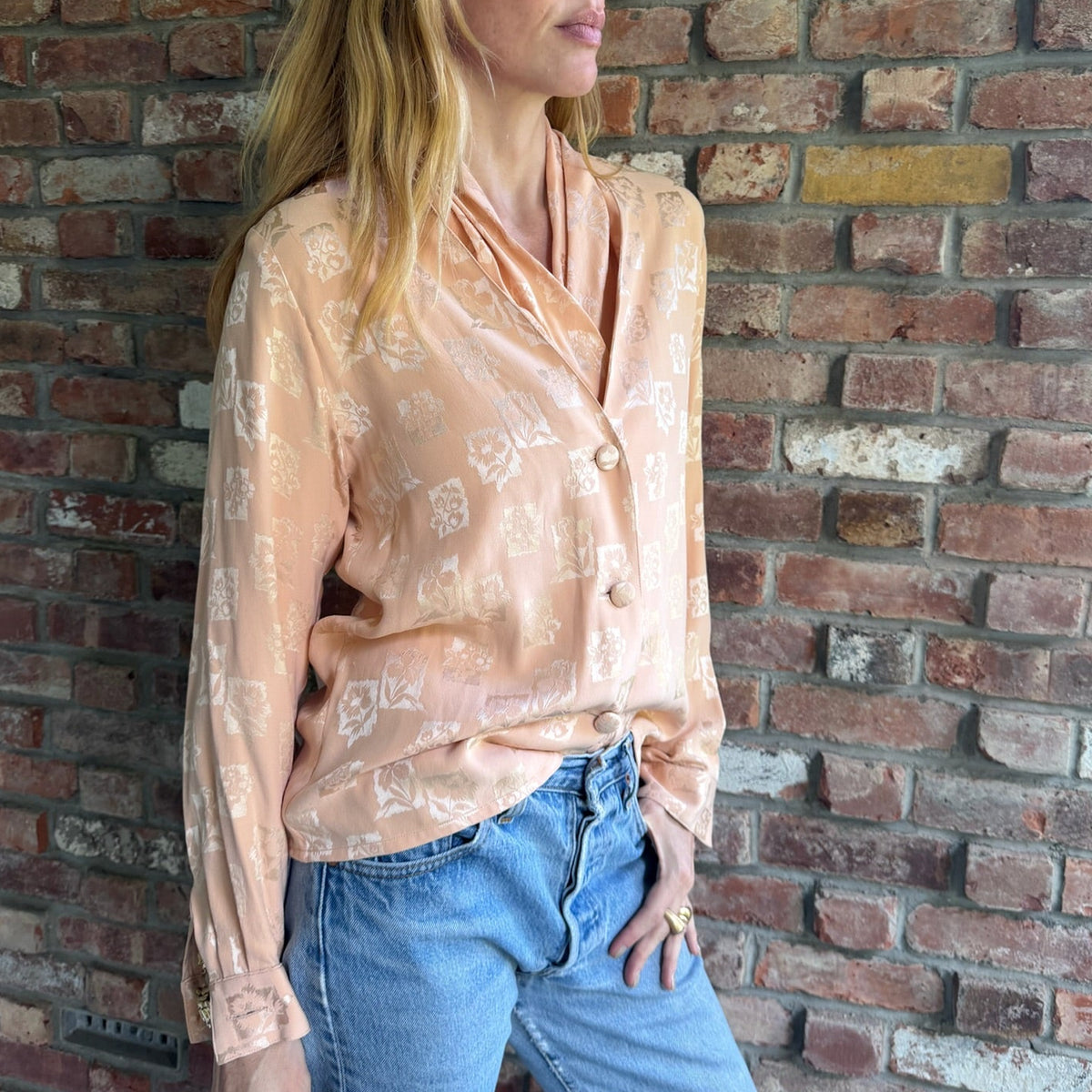 1980s - 1990s Christian Dior Peach Floral Jacquard Blouse