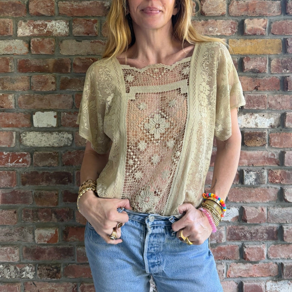 1970s Ivory Lace Crochet Panel Blouse