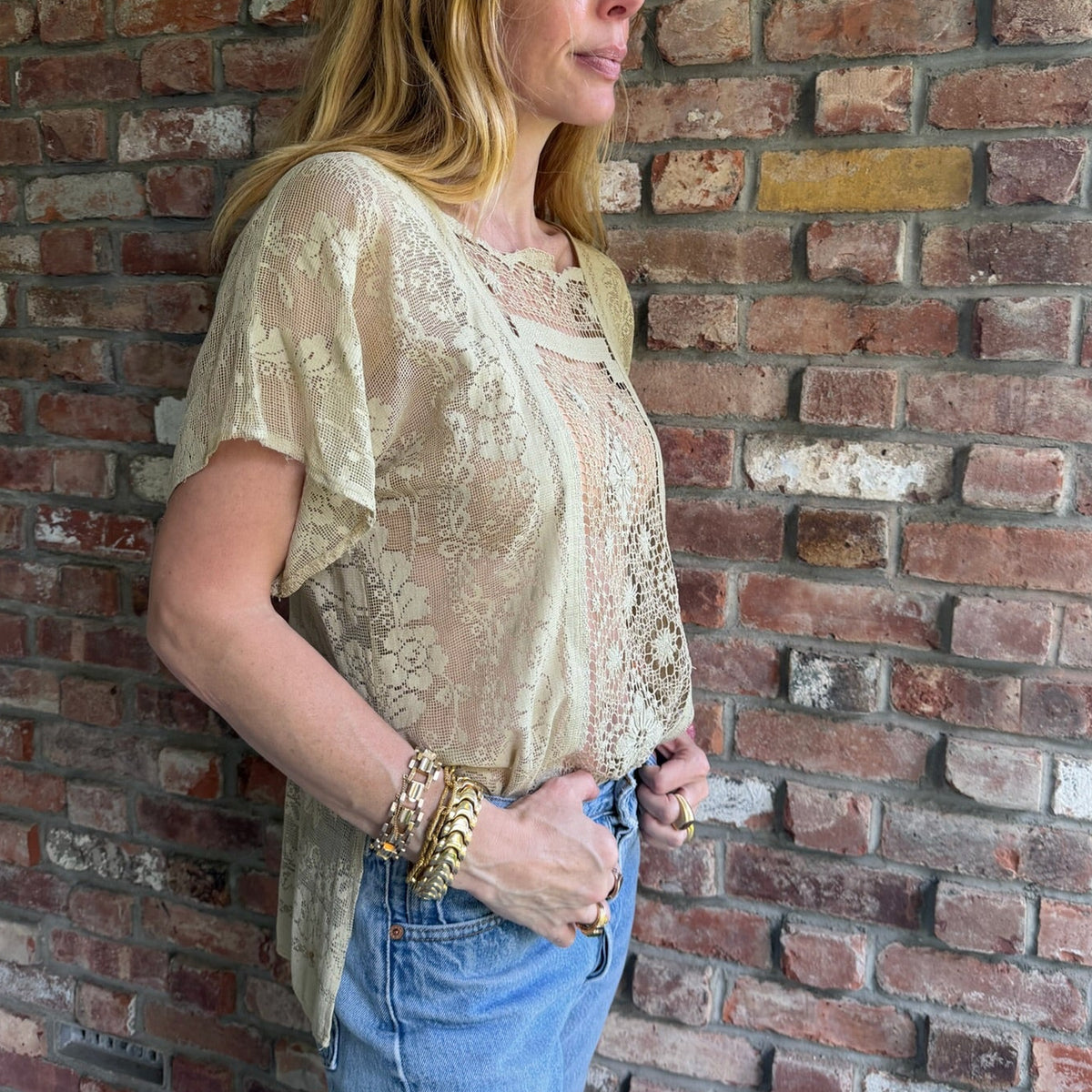 1970s Ivory Lace Crochet Panel Blouse