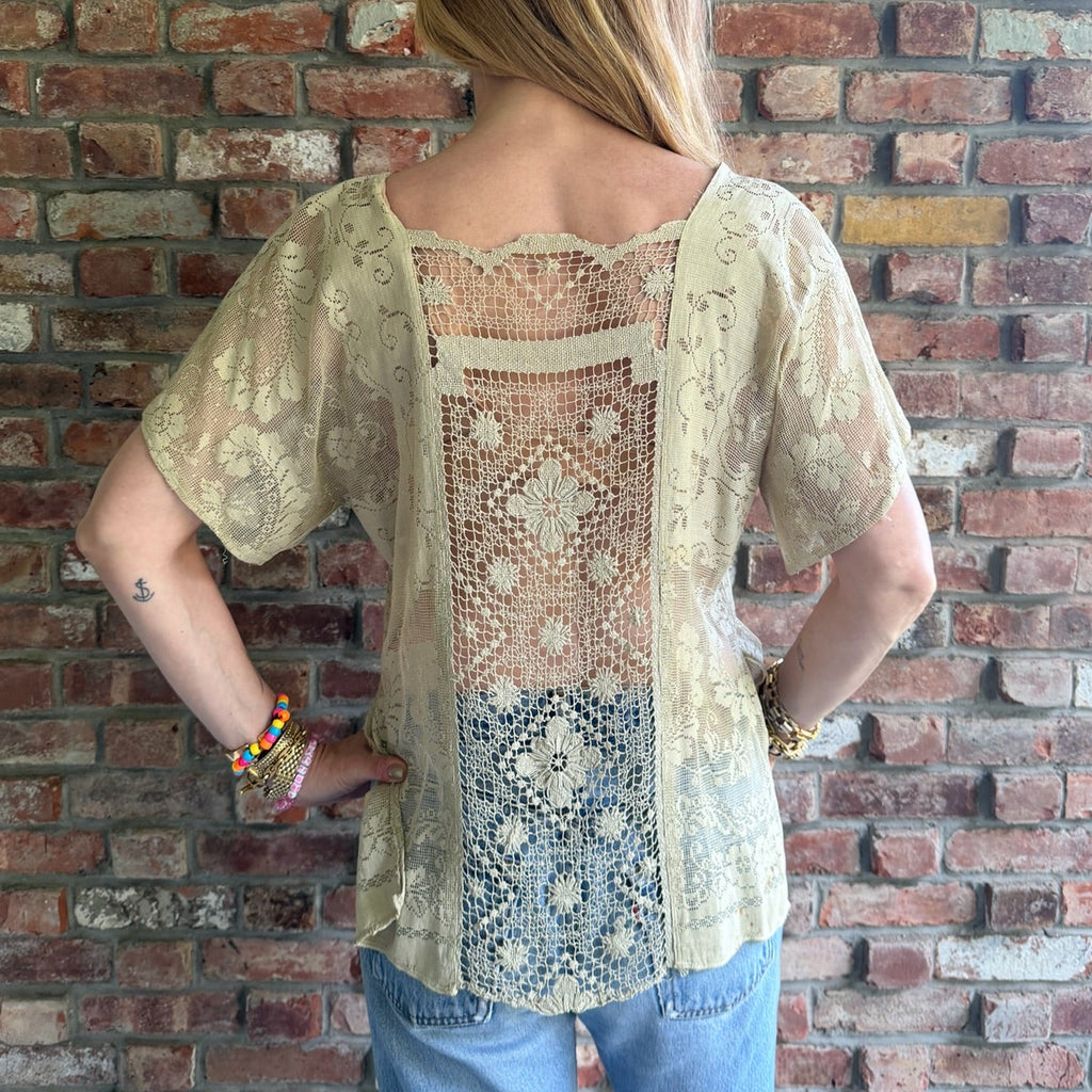 1970s Ivory Lace Crochet Panel Blouse