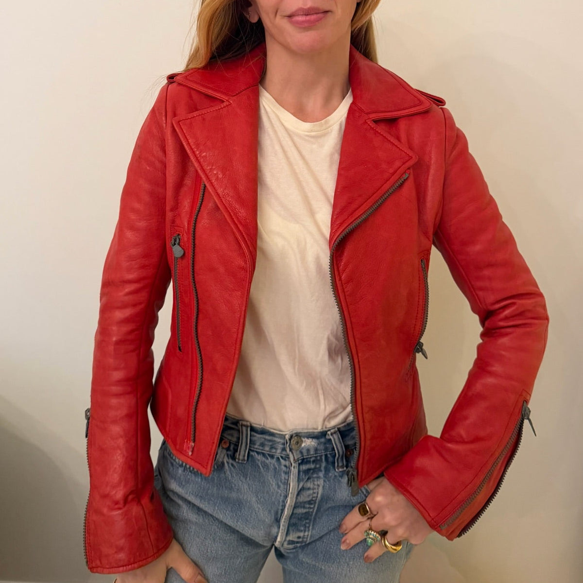 2000s Balenciaga Red Leather Moto Biker Jacket