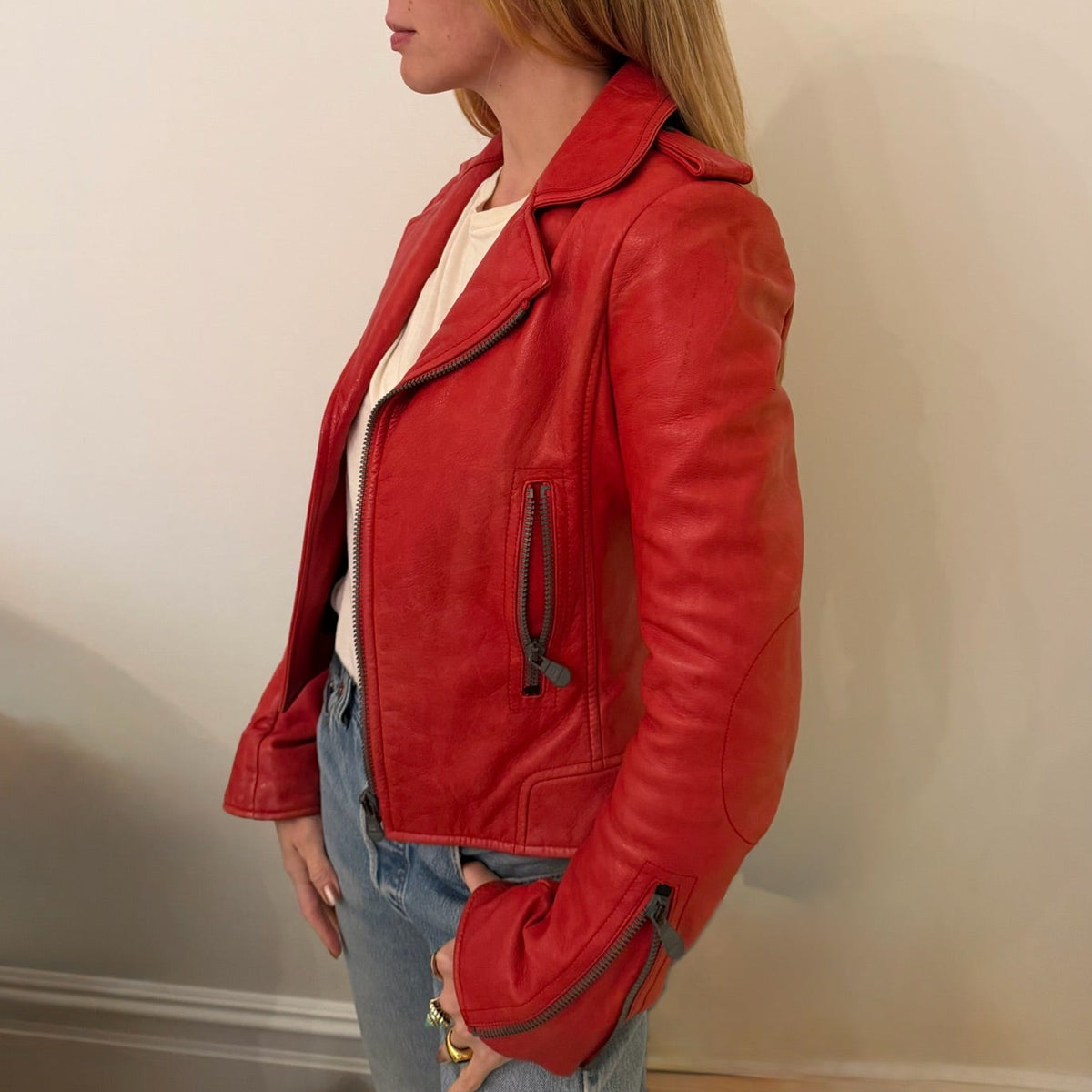 2000s Balenciaga Red Leather Moto Biker Jacket