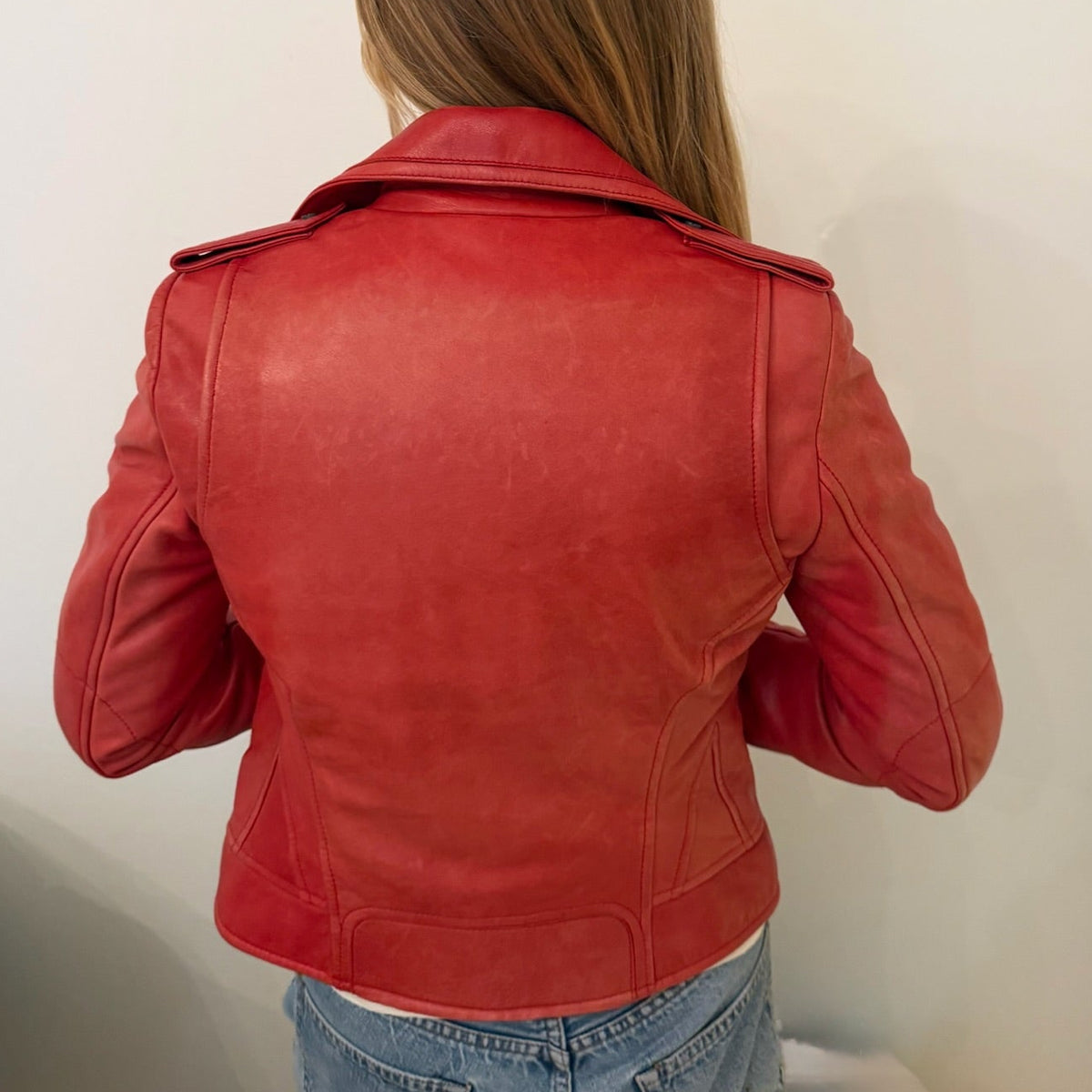 2000s Balenciaga Red Leather Moto Biker Jacket