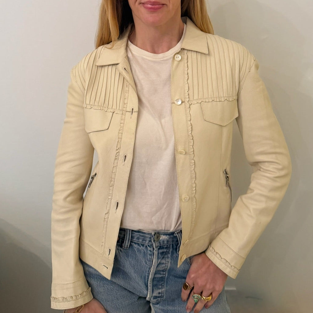 1990s Cream Leather Pintuck Western Jacket