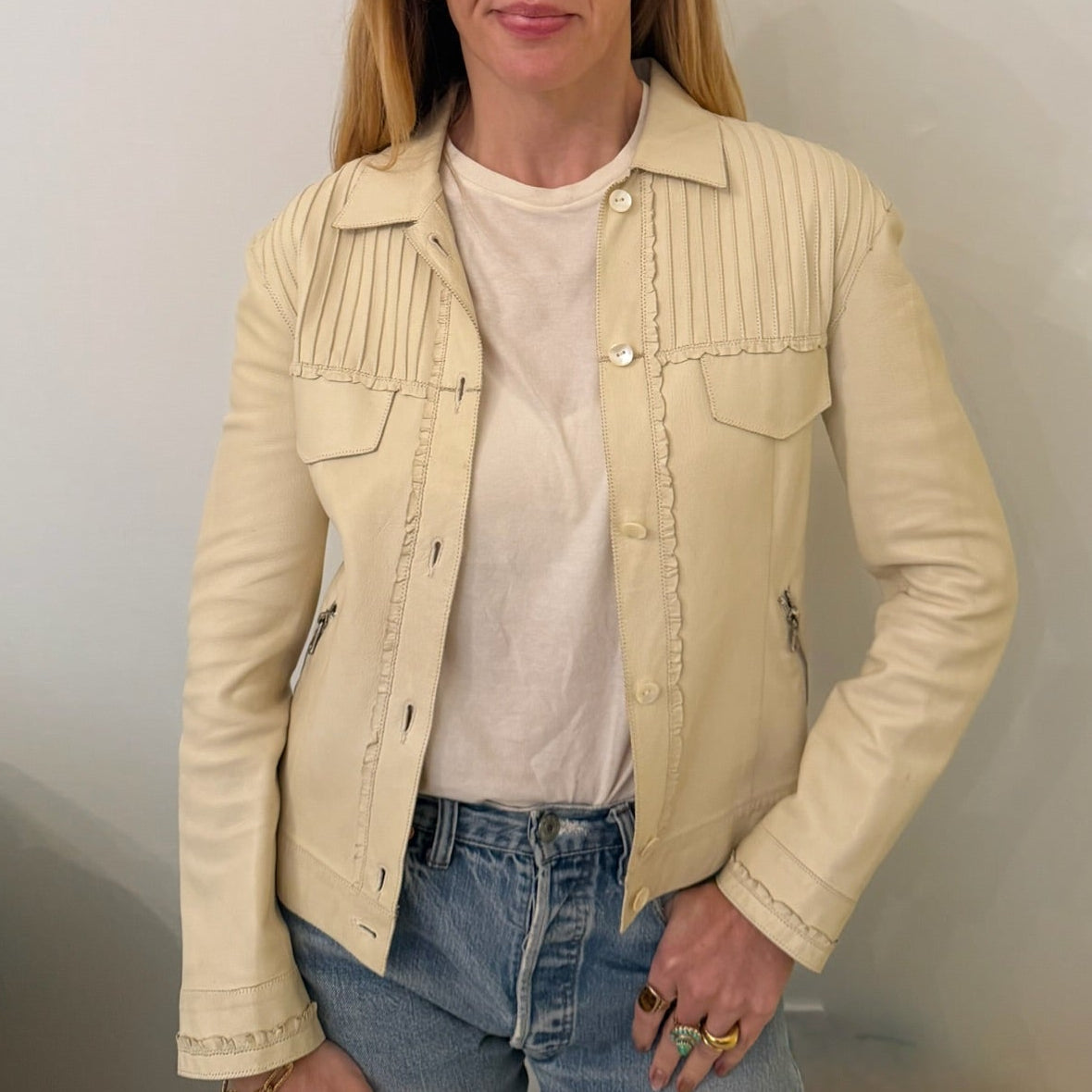 1990s Cream Leather Pintuck Western Jacket