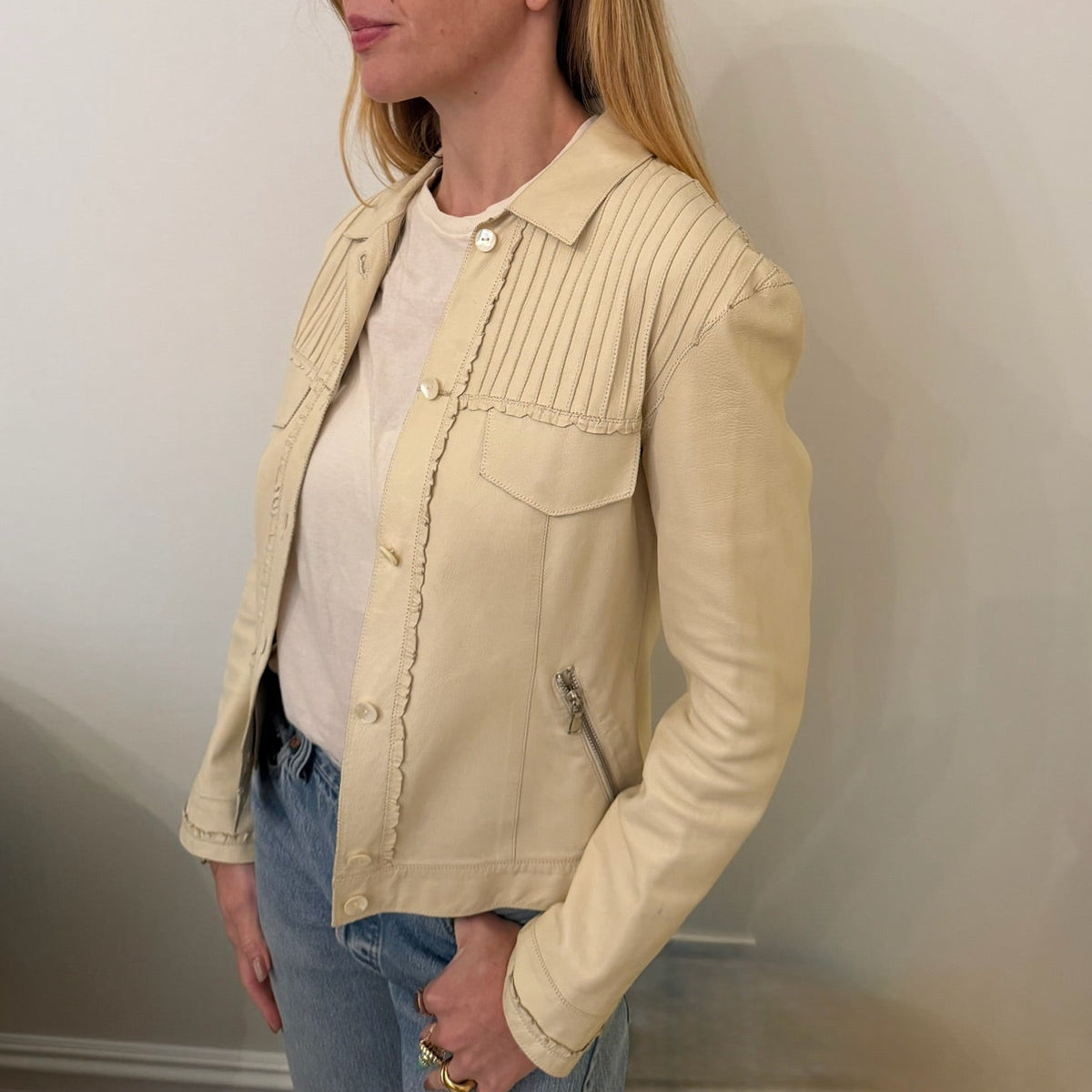 1990s Cream Leather Pintuck Western Jacket