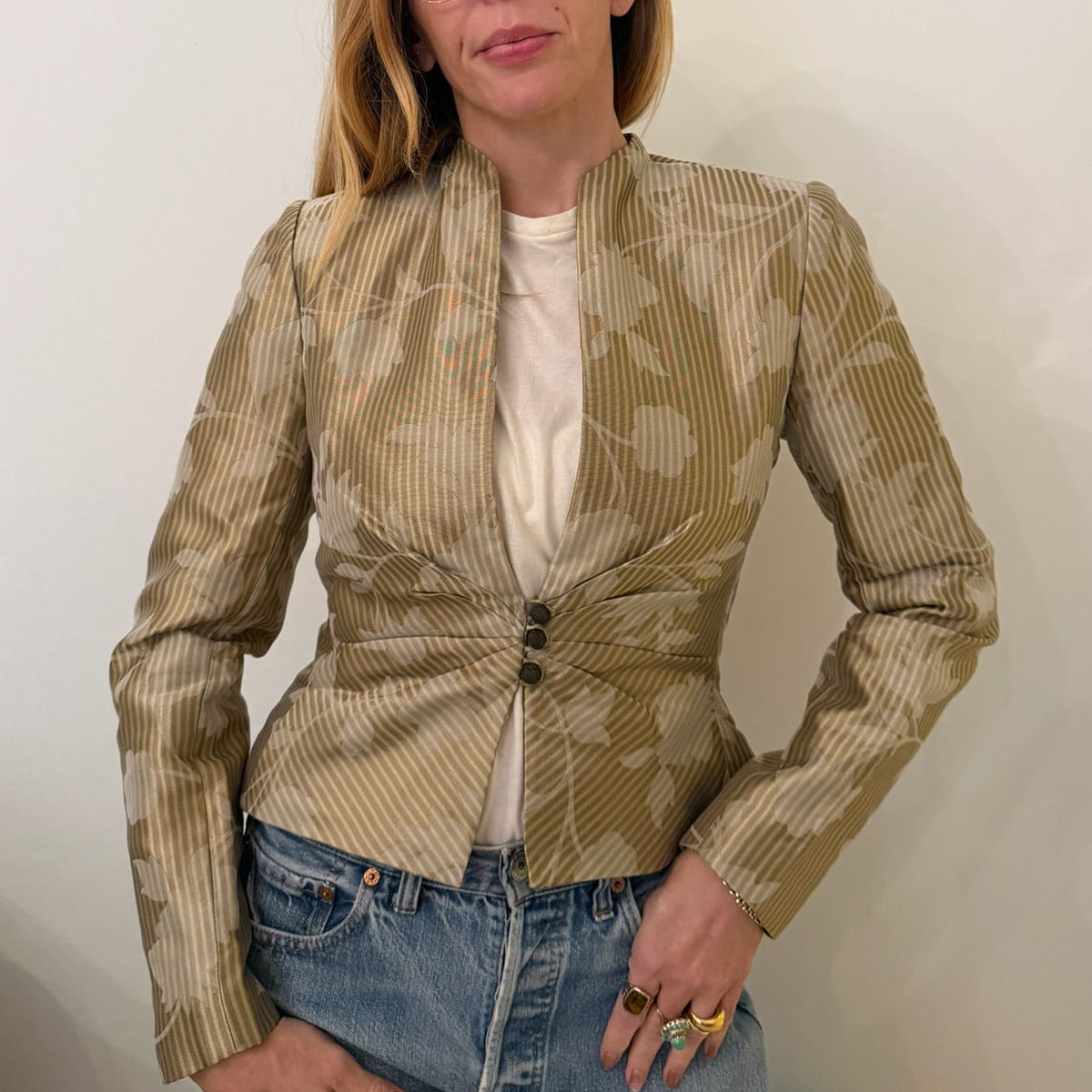 1990s Floral Jacquard Fitted Silk Blazer