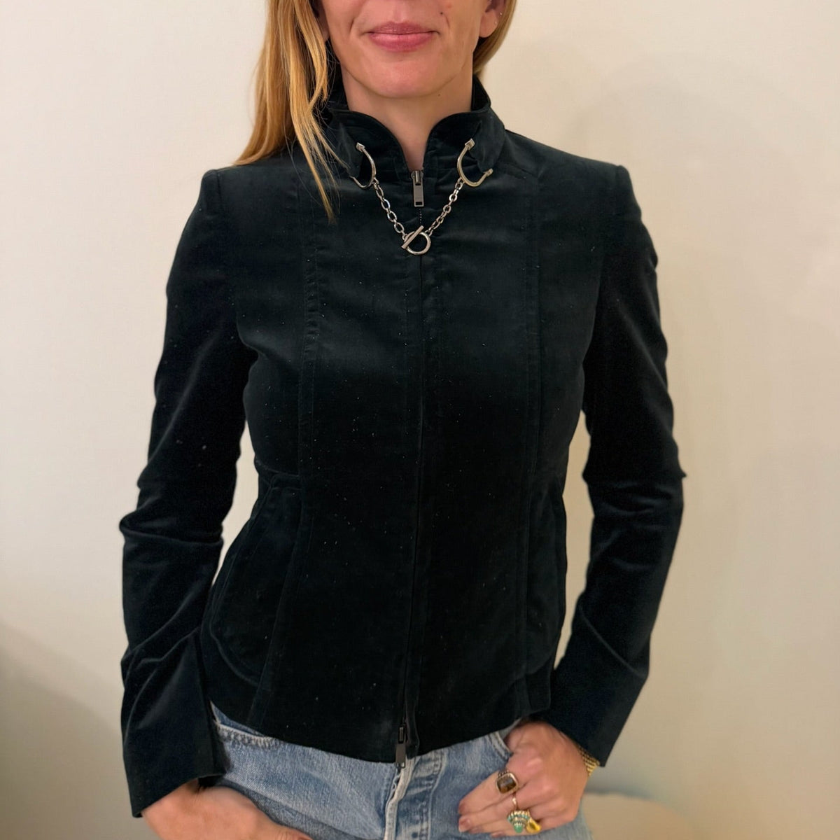 1990s-2000s Gucci Tom Ford Era Deep Forest Green Velvet Horsebit Chain Jacket