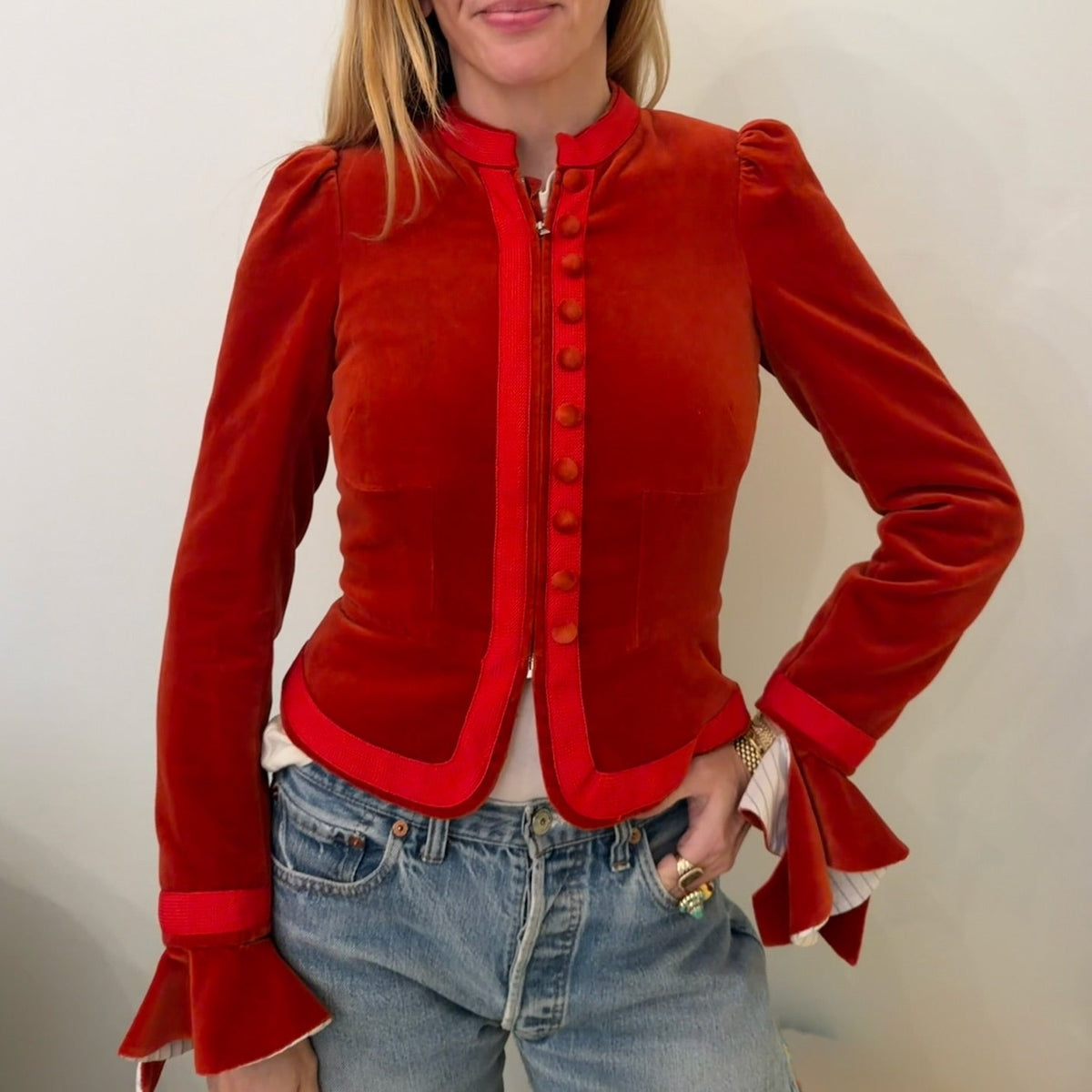 1990s-2000s Red Orange Velvet Fitted Whimsical Jacket