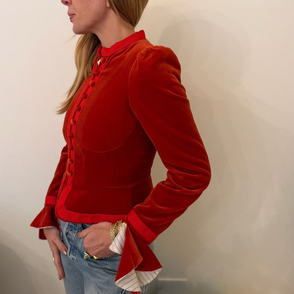 1990s-2000s Red Orange Velvet Fitted Whimsical Jacket