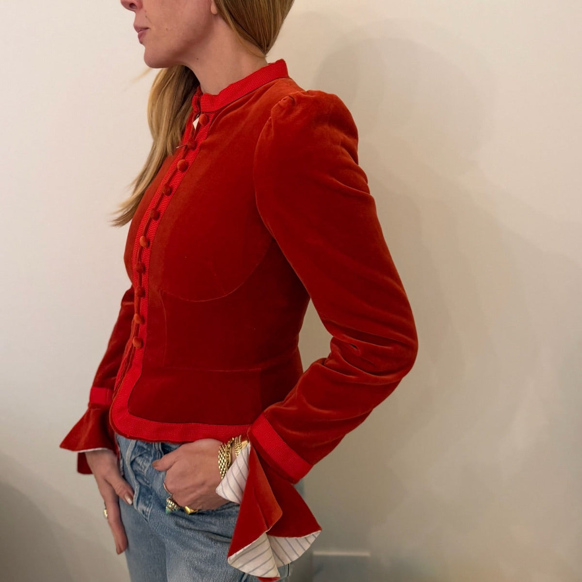 1990s-2000s Red Orange Velvet Fitted Whimsical Jacket