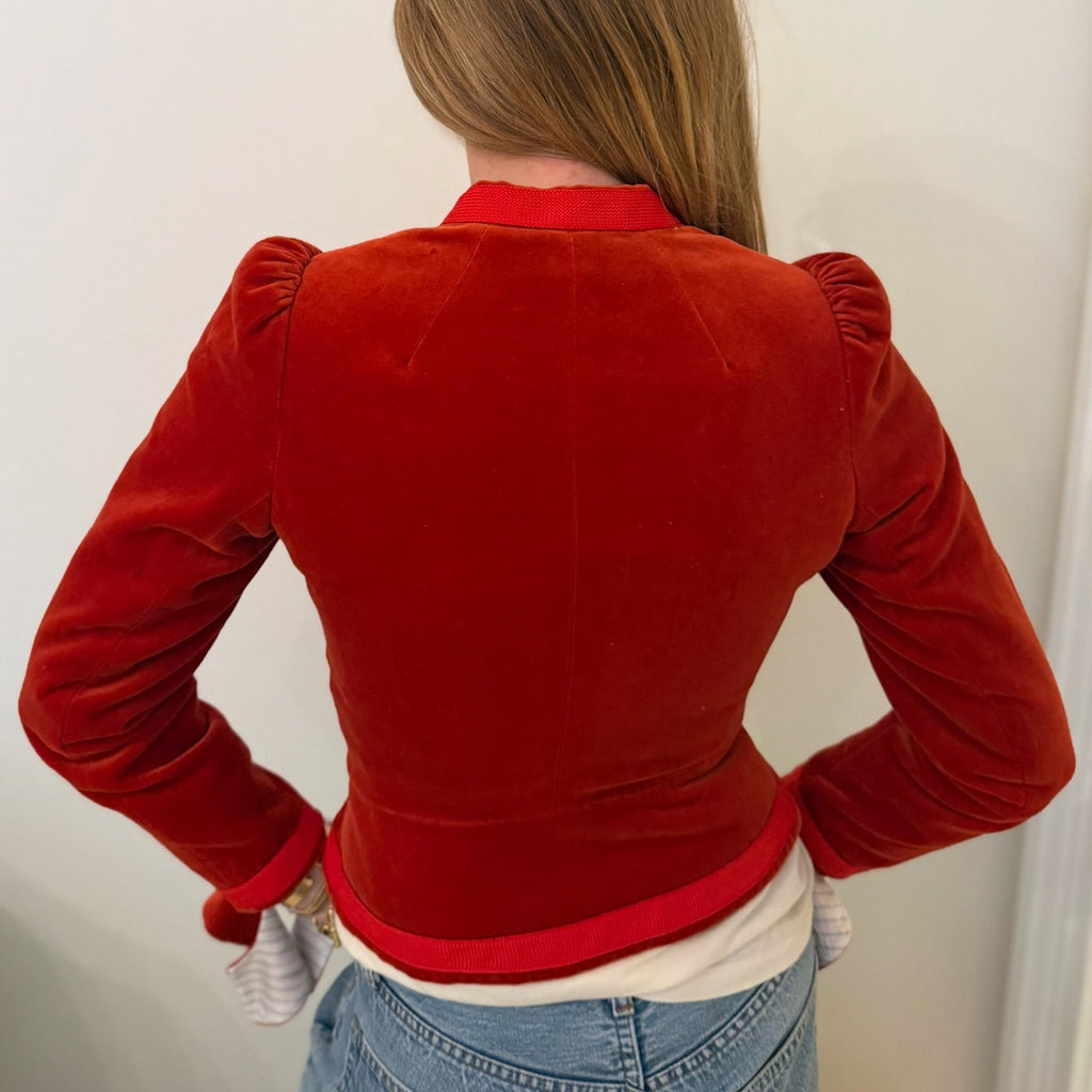 1990s-2000s Red Orange Velvet Fitted Whimsical Jacket