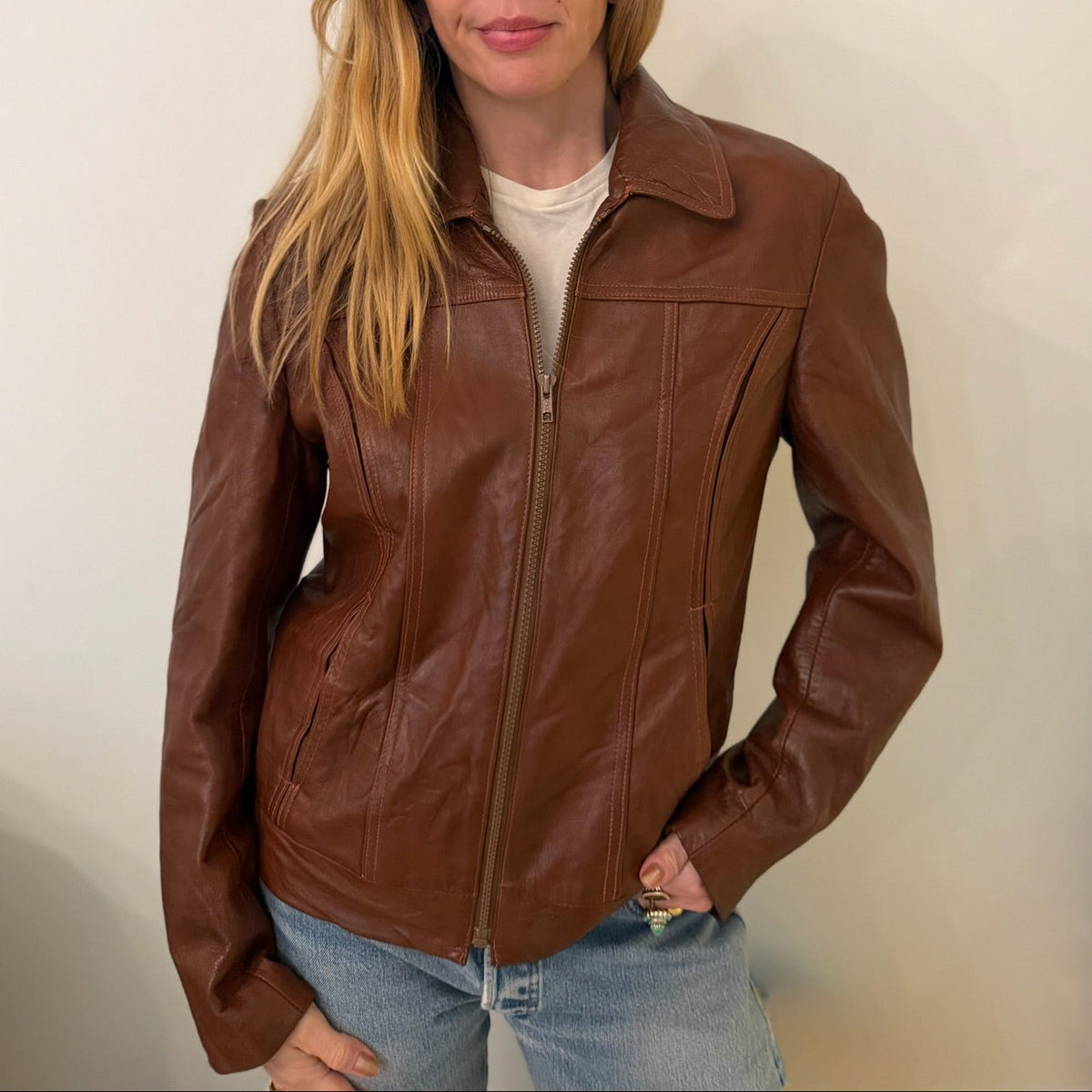1990s Cognac Brown Leather Fitted Zip Jacket