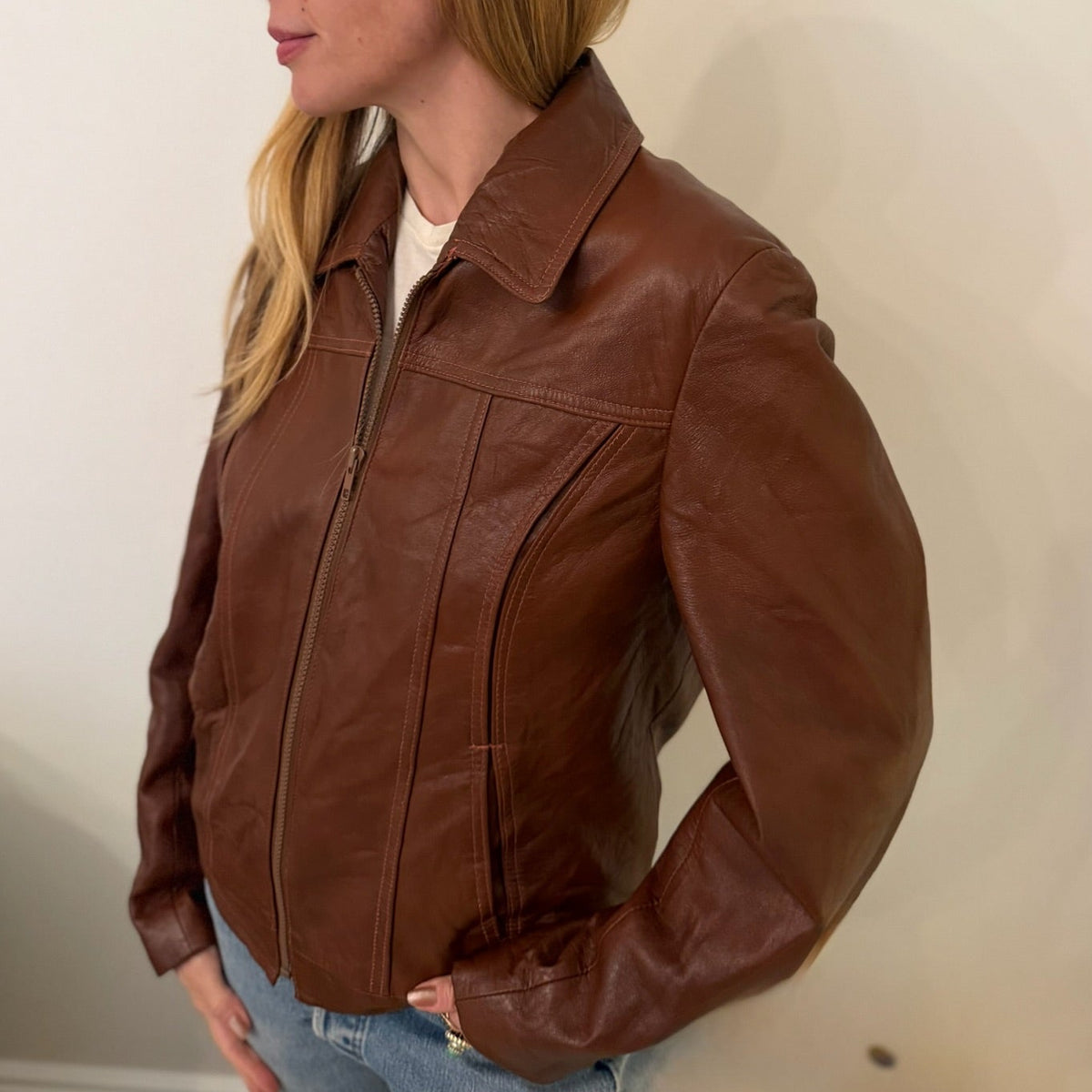 1990s Cognac Brown Leather Fitted Zip Jacket