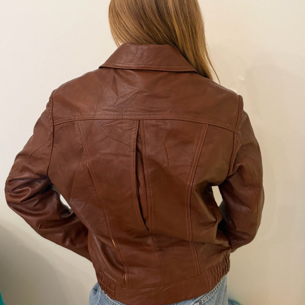 1990s Cognac Brown Leather Fitted Zip Jacket