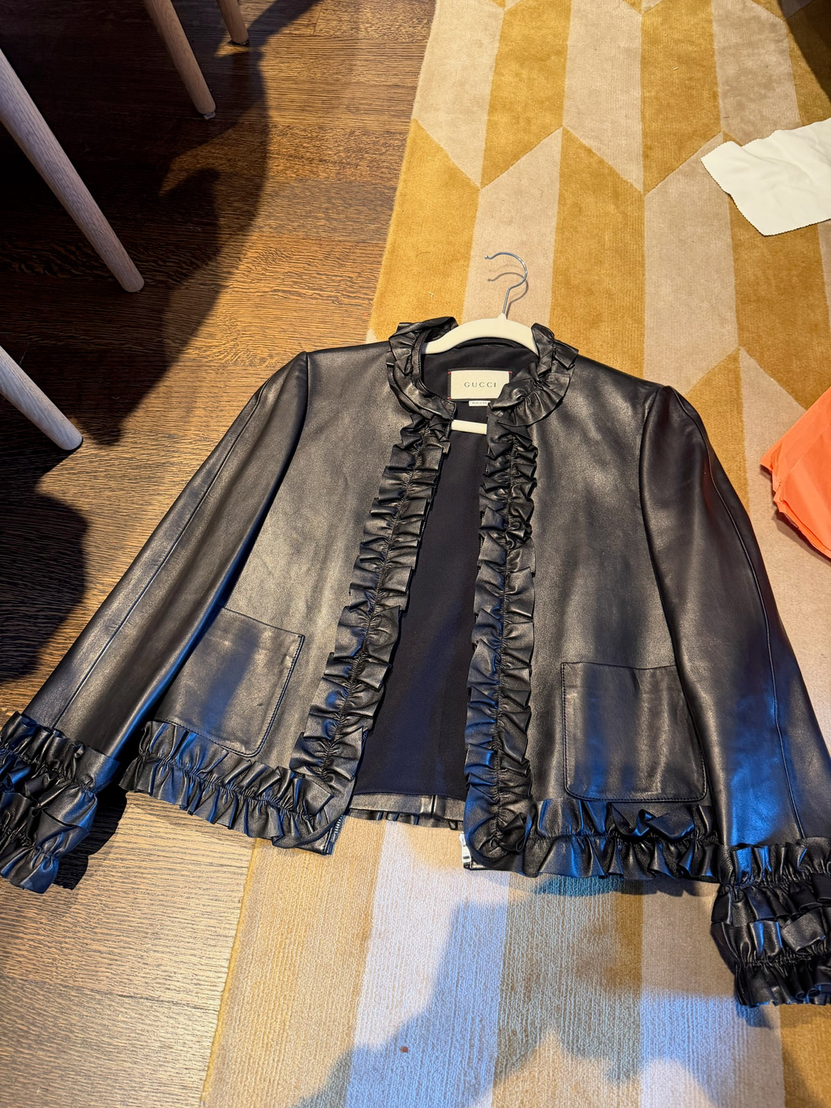 Gucci by Alessandro Michele Black Leather Ruffle-Trim Jacket