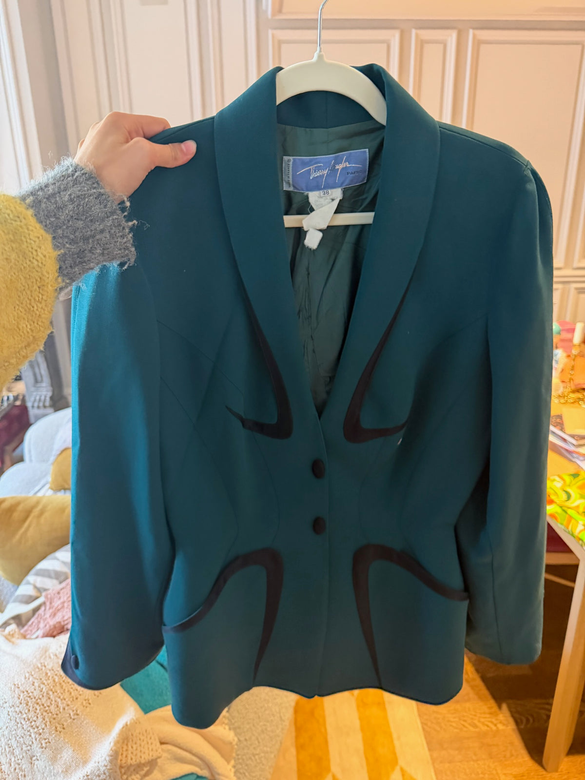 1990s Thierry Mugler Paris Teal Wool Sculptural Blazer