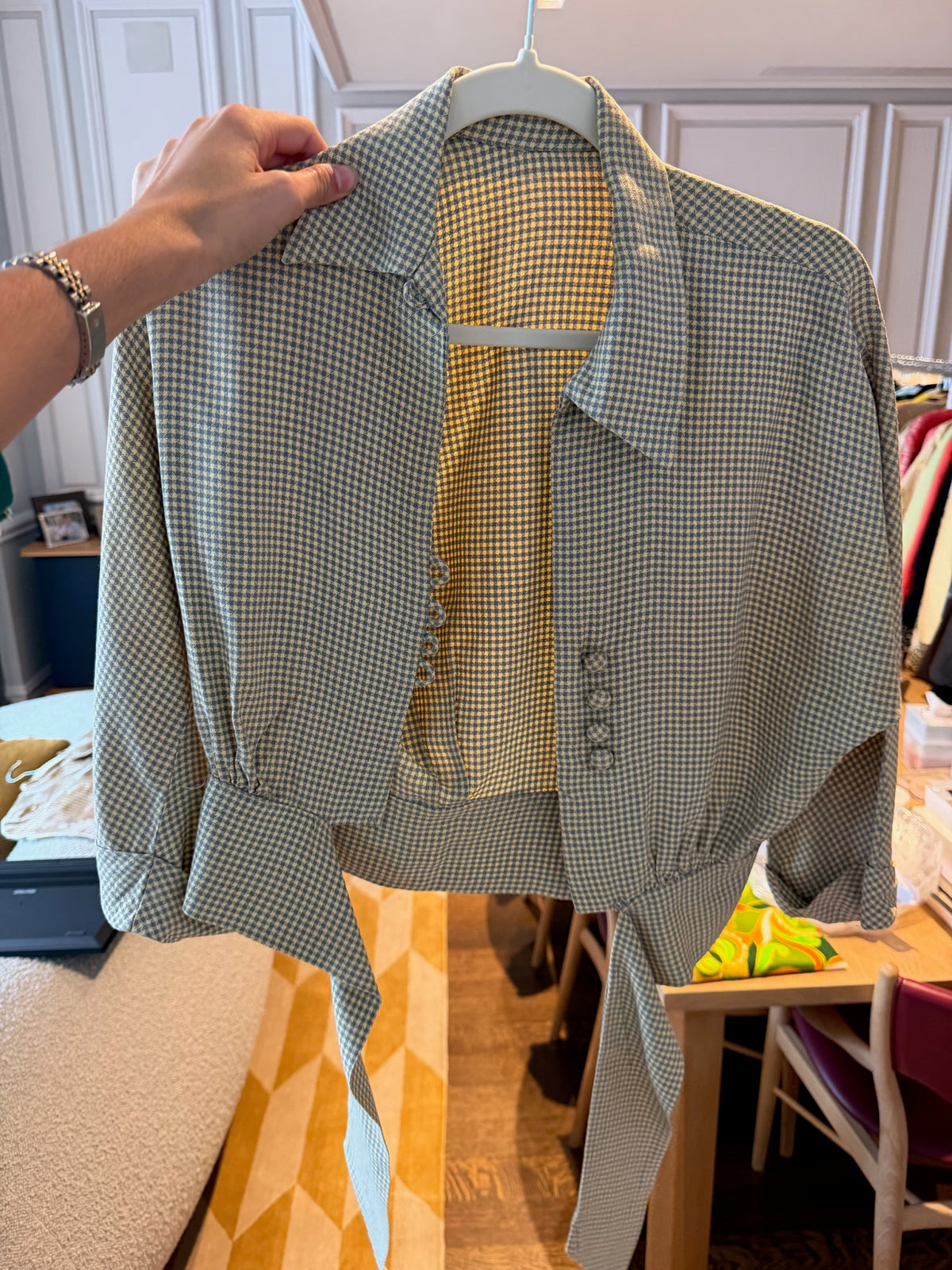 1940s Houndstooth & Gingham Check Tie Waist Jacket/Blouse