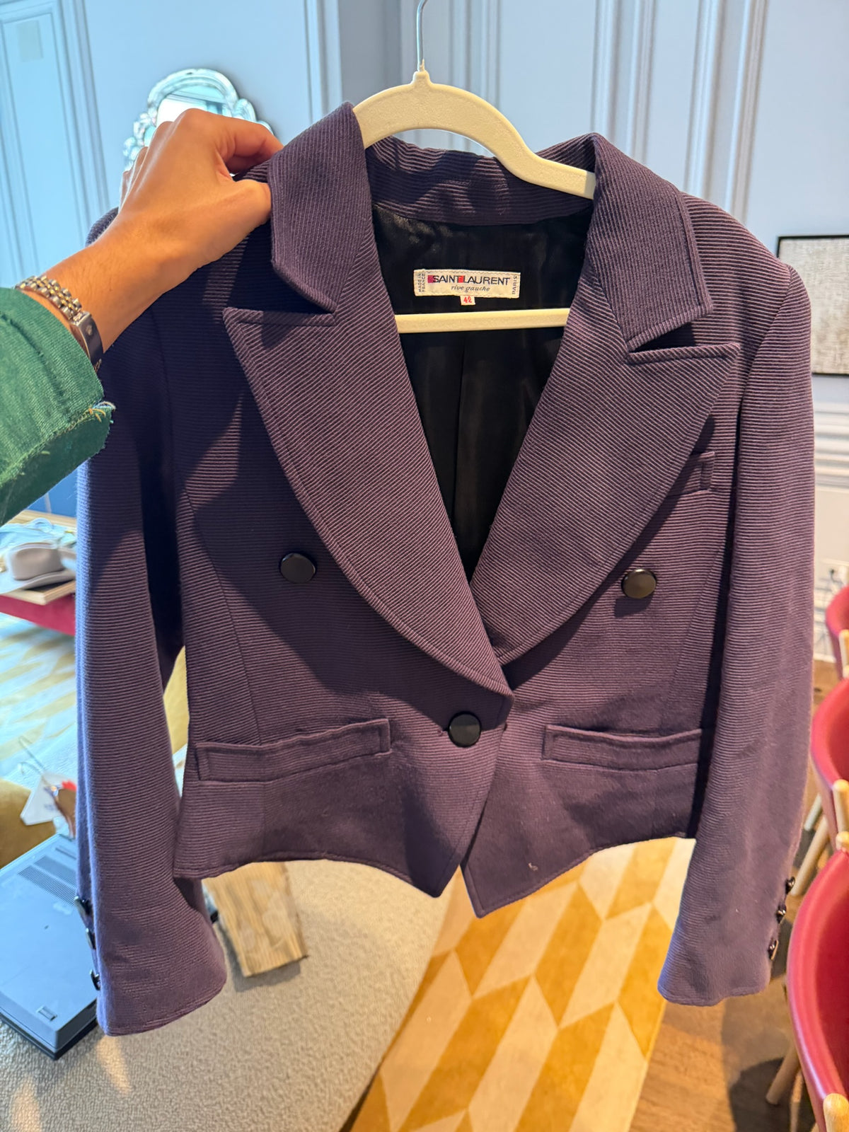1980s-1990s Yves Saint Laurent Purple Ribbed Twill Cropped Blazer